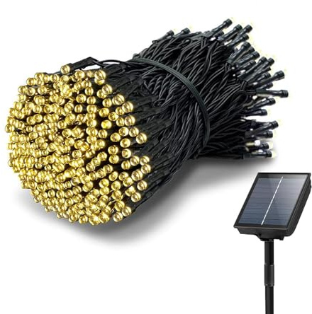 Tacobey Stringa di luci solari da giardino per esterni, 10 m, 100 LED, luci solari con timer, 8 modalità, luci impermeabili per giardino, cortile, albero decorativo – bianco caldo