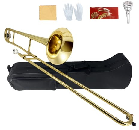 YoungMonic Bb Tenor Slide Trombone B Flat Gold Brass Plated Trombone for Beginners and Adults with Mouthpiece Carrying Case White Gloves Wipe Cloth