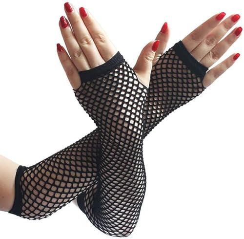 rayinblue Lange Netz Handschuhe Punk Rave Damen Goth Hen Night Party Bride to Be Schwarz Fingerless Brautspitze Handschuhe/Netz-Handstulpen lang Damen schwarz one size