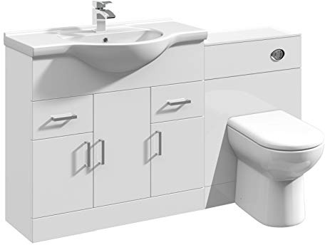 VeeBath Linx 1350 Vanity Unit Furniture Set, Wash Basin Bathroom Sink, WC, BTW Toilet Pan, Soft Close Toilet Seat, Concealed Cistern-White (Flat Pack)