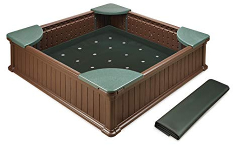 Badger Basket 2 in 1 Sandbox & Garden Planter - Easy Assembly Outdoor Sensory Play and Planting Box - Durable Woodgrain Plastic with Cover & Liner - (48.75 x 48.75 x 12.01)