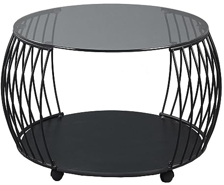 Möbel Jack Couchtisch mit Rollen und Zwischenablage - Glasplatte - MDF - Metallgestell - Grau - Schwarz - Ø 60 x 45 cm - Wohnzimmertisch Sofatisch