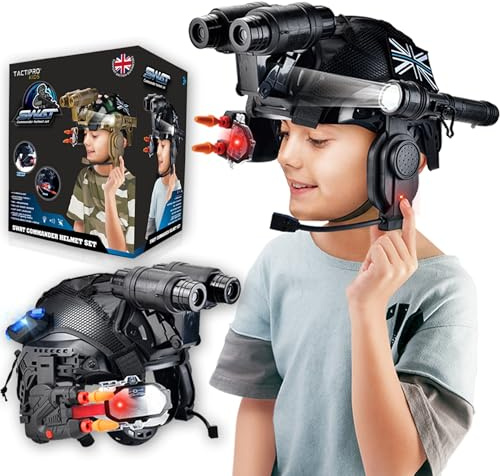 Tactipro Juego de casco de policía para niños, soldado del ejército SWAT. Incluye linterna de accesorios extraíbles, mira LED megáfono, pistola de juguete de dardos y 4 prismáticos, para horas de