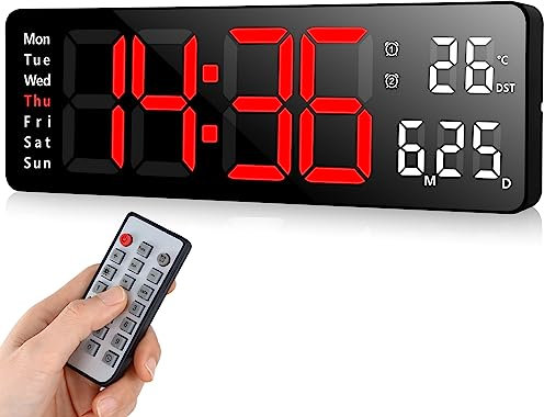 Fuloon Wanduhr Digital, LED Wanduhr mit 13-Zoll-Großdisplay, Digital Wecker mit Fernbedienung, Timing- und Countdown, Tischuhr Digital mit Datum, Woche, Temperatur für Schlafzimmer, Wohnzimmer