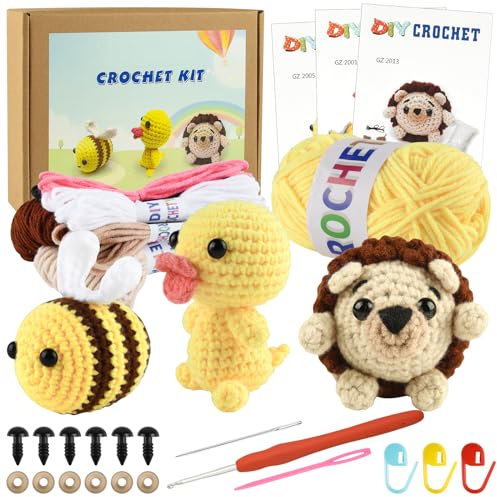 ASTARON Crochet Kit, Häkelset für Erwachsene und Kinder, 3 süße Häkeltiere – Igel, Biene, Ente, Häkel-Starter-Sets
