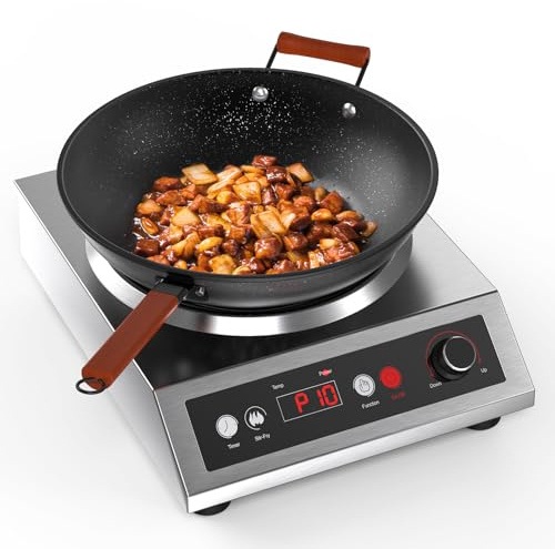 VEXMAECY 1800W Induction Wok,Stainless Steel Electric Wok Used For Home And Commercial,Temp From 140°F to 460°F,Concave Surface Dual Control 10 Power 24H Timer,14-inch Cast Iron Wok Included