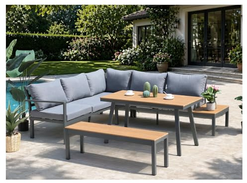 ALEOS. Gartenlounge Lounge Set aus Aluminium und echt Teakholz inklusive Bank Loungeecke Loungegarnitur Sitzgruppe Sofagarnitur Esstischlounge Brasilia grau anthrazit mit bequemen Kissen