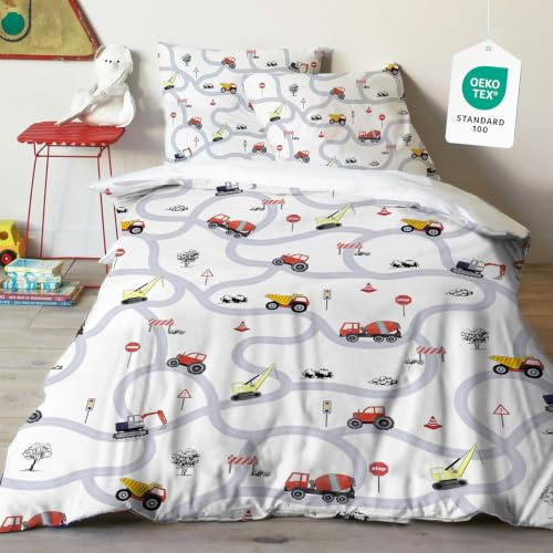 Yasida Ropa de cama infantil de 140 x 200 cm, para niños, tractor, microfibra, ropa de cama con señales de tráfico y calles, para niños, adolescentes, excavadoras, ropa de cama, 140 x 200 cm, con