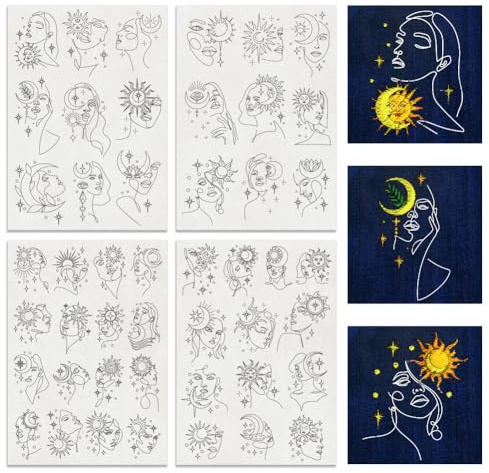 BENECREAT 4 feuille 47 Pcs Stabilisateur Hydrosoluble Motif de Broderie Motif de Phases de la Lune des Étoiles et du Soleil Stabilisateurs pour Couture à la Main Chapeaux Gants Vêtements