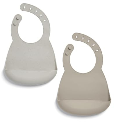 Mamas & Papas 2-Pack Silicone Waterproof Bibs - Neutral (6-18 Months) | Feeding Bibs with Large Pocket for Food Catching, BPA-Free, Waterproof, Adjustable, Soft, Non Messy, Ideal for Weaning