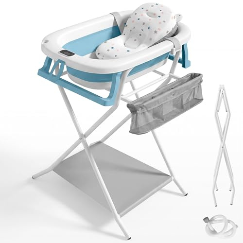 JUPPLIES Bañera Bebé Plegable con Cojín Ergonómico, Termómetro Digital y Patas Antideslizantes | Portátil, Compacta y Segura para Recién Nacido (Azul, Con patas)