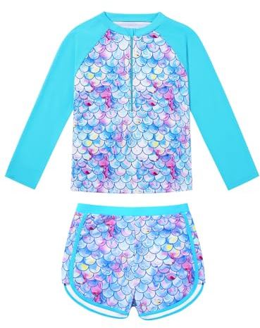 Girls Rash Guard Swimsuit Bathing Suit Swim Set UPF 50+ Protection Two Pieces Long Sleeve Swimming Sets for 3 4 5 6 7 8 9 10 Years