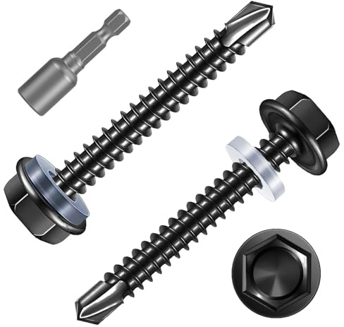 FandWay 40 Pièces Vis Autoforeuse Metal Noir,M6,3x38mm Vis à Tôle Autotaraudese à Tete Hexagonale avec Rondelle et Autoperceuse Autoperforante Inox 410 avec 1 Bits pour Aluminium Bois Plastique.