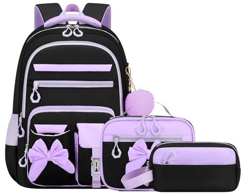 Amythe Schulrucksack Mädchen 3 Teilig, Schulranzen Kawaii 3. bis 7. Klasse mit Lunch Tasche Federmäppchen Gymnasium Fliege Dekoration mit Anti-Diebstahl-Tasche 24L-Lila Schwarz