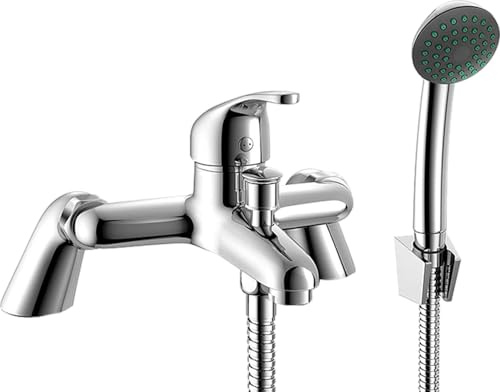 Modern Bath Shower Mixer Tap with Pillar Legs | Chrome Finish Twin Lever Bathroom Faucet for Bathtubs | Includes Shower Hose & Handset | Deck Mounted Bath Filler Tap Set (1 Pack)