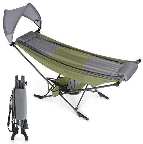 HIGH POINT SPORTS Camping Hängematte, Hängematte Outdoor mit Abnehmbare Sonnenschutz 250 LBS Tragkraft Robuste Tragbare Hängematte mit Reisetasche für Garten, Indoor, Balkon, Terrasse, Camping, Grün