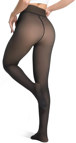 Unesmaro Womens Fleece Lined Tights, Translucent Thermal Pantyhose Leggings | Faux Sheer Illusion, Tummy Control Waistband, Glute-Defining Single Seam, Butt Lifting, 220g Fleece, Plush Soft, Winter Warm
