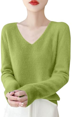 TEPTDirio Cashmere Jumpers Ladies Long Sleeve V Neck Autumn Sweaters Women Fashionable Plus Size Wool Jumpers Solid Color Knitted Base Sweaters Autumn Winter Casual Womens Clothes UK Green