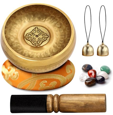 Cuenco tibetano – Cuenco tibetano – Juego de cuencos tibetanos con piedra de yoga de 7 colores, 2 campanas, cuencos tibetanos para relajación y meditación