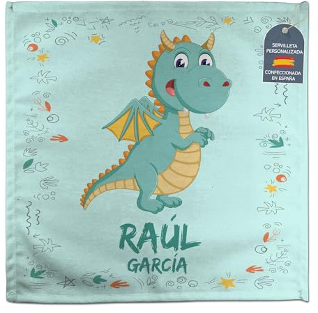 Servilleta Personalizada Algodón. Servilletas de Tela Infantiles Colegio. Regalos Personalizados con Nombre. 50% algodón. Varios diseños. Servilletas Tela Infantil 27x27cm/31x31cm. Dragón