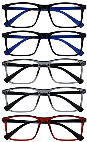 OPULIZE Ink Pack 5 Gafas De Lectura Grande Negro Gris Rojo Hombres Mujeres Bisagras Resorte RRRRR4-1177Z +2,00