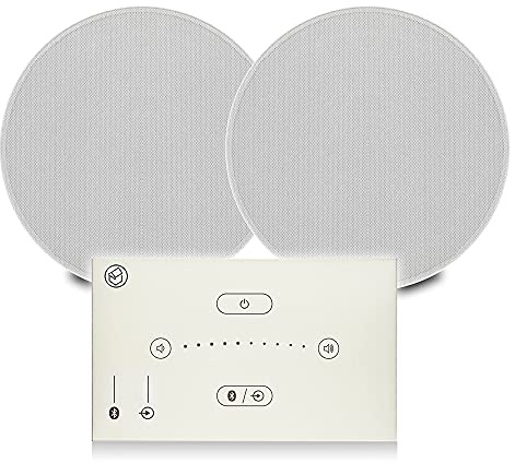 Systemline E50 White Bluetooth Ceiling Speaker System with 2x Q Acoustics QI65C Recessed Moisture-Proof Speakers, Gesture Control Wall Amplifier Panel & AUX Input Home Audio Installation Kit