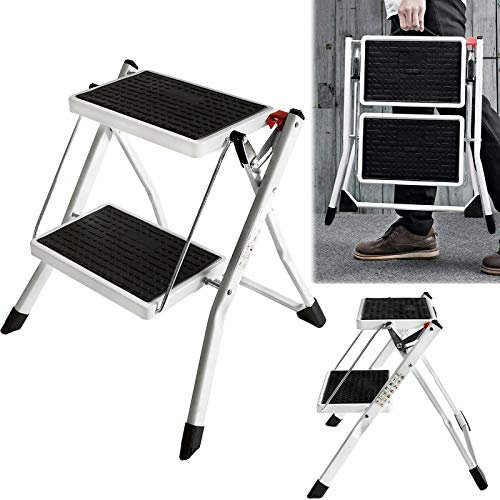 Haushaltsleiter Trittleiter Mini-Klapptritt aus Stahl mit 2 rutschfesten Stufen, belastbar bis 150kg, große Stufen mit Anti-Rutsch-Matten, 2 Stufen Klappsicherung, einfach zu verstauen mit Tragegriff