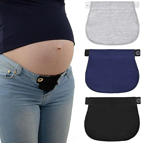 Tolenre 3 Piezas Extensor para Mujeres Embarazadas con Botón Elástico - Pantalones vaqueros con Cinturón Ajustable - Azul oscuro + Negro + Gris