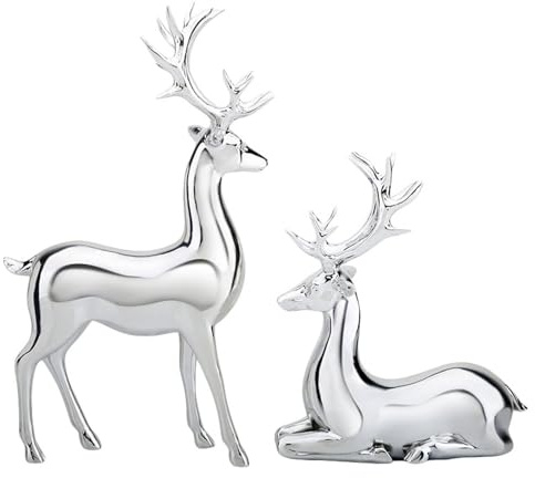 ESSECMBS 2PCS Christmas Reindeer Figurines Set Deer Resin Sculpture Desktop Decor (Silver, 2Pcs)