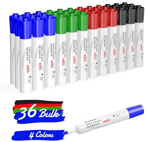 Comix Whiteboard Pens,Bullet Tip Whiteboard Markers,Low Odor Thick White Board Markers Erasable,white board pens colour,36 Bulk 4 Assorted Color for Kids/Teachers