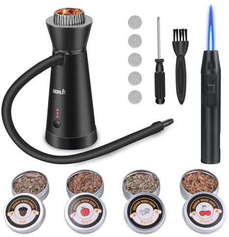 BORUIT Pistolet à Fumée avec Briquet (Pas de Butane), Smoke Gun Infuseur de Fumée en Alliage d'Aluminium avec 4 Paquets de Chips en Bois, pour la Cuisine, Viande, Cocktails, Barbecue