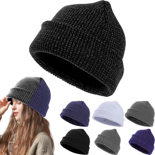 Risipu Reflektierende Mütze, Warnschutz Beanie für Mann Frau, Warme Strickmütze Wintermütze Reflex-Mütze Reflektor (Schwarz)