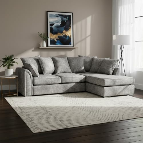 Corner Sofa - Chenille Fabric Sofa with Footstool - Comfy Long Chaise 4 Seater Sofa Bed with Big Footstool - Cinema L Shaped Sofa Seater for Living Room Lounge Indoors (Platinum, Right Hand)