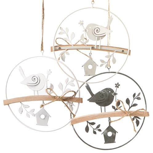 Colgantes de Primavera con pájaro, 3 Unidades: Anillos Decorativos de Metal para Colgar, Coronas pequeñas de Pascua y Primavera, decoración Ventana y hogar, Adornos metálicos, Ø 13,5 cm