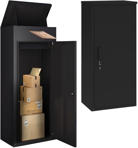 JFHID Package Delivery Box for Outside,Lockable Anti-Theft Parcel Drop Box with Mailbox Waterproof Weather Resistant Full Metal Frame for Porch Fence Curbside (47.2x17.7x19.7,Black)