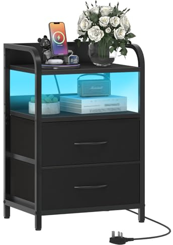 HOOBRO Bedside Table, Nightstand with Charging Station and LED Lights, Side Table with 2 Drawers and 2 Open Shelves, Metal Frame, for Living Room, Bedroom, Study, Black EBB021KDBZ01
