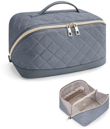 Travel Makeup Bag Quilted Cosmetic Bag for Women with Brush Compartments | Large Flat Lay Make up Bag for Travel Accessories, Cosmetics, Holiday Gift, Grey Green