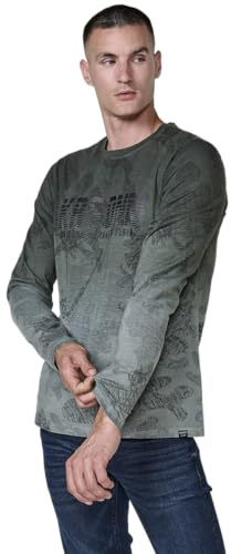 Koroshi Camiseta de Hombre Kaki de Manga Larga, 100% algodón, con Cuello Redondo con Abertura y Estampado Delantero., de Color Kaki/Khaki, Talla L