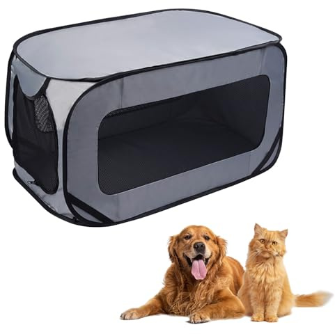 Hundetransportbox Faltbar 92×52×52 cm,Grau Hundebox Auto mit Doppeltüren aus Oxford Stoff,Tragbare Pop-Up-Transportbox Hund & Katze bis 29,5 kg Robust für Auto, Reise & Zuhause