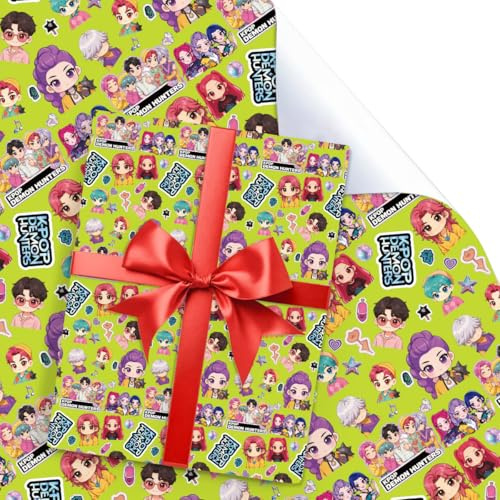 UBBY 5 unidades de papel de regalo Demon Hunters, 51 x 75 cm, papel de estraza duradero, papel de regalo duradero, para cumpleaños infantiles, fiestas, almacenamiento, decoración festiva (verde)