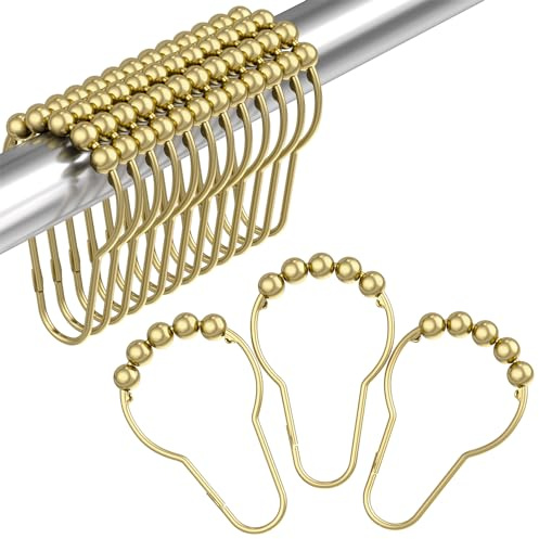 Gold Shower Curtain Hooks, Amazer Shower Curtain Rings Hooks, 12 Pcs Stainless Steel Shower Hooks for Shower Curtain, Rust Proof Shower Curtain Hooks, Shower Hooks for Curtain Bathroom