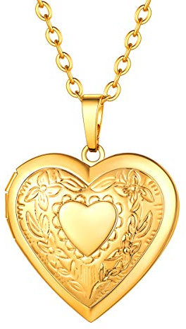 FOCALOOK Damen Collier 18k vergoldet Herz Medaillon zum Öffnen Vintage Muster Herz Anhänger Halskette für Foto Bilder Floating Locket Modeschmuck für Valentinstag Muttertag
