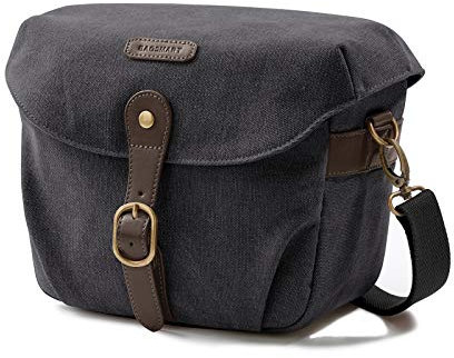 bagsmart Vintage Camera Bag Messenger Bag Canvas SLR DSLR Case Padded Shoulder Bag with Rain Cover for Day Trip, Travel (Black)