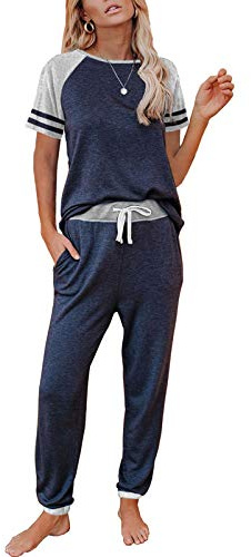 AUTOMET Women's Pajama Sets 2 Piece – Soft Summer Sleepwear with Pockets, Lounge Sets for Women, Travel Outfits Navy Blue L