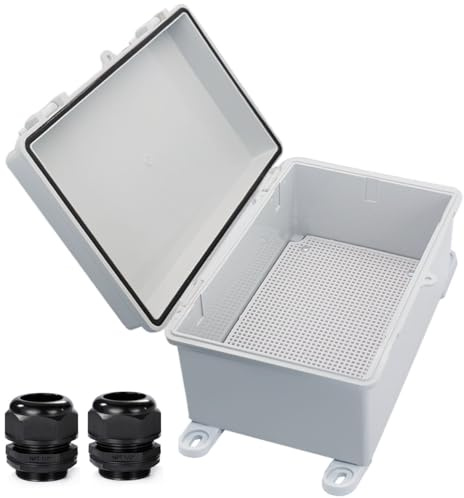 YETLEBOX Waterproof Outdoor Electrical Box Junction Box Weatherproof IP67 ABS Plastic Enclosure Switch Router Project Box with Mounting Plate with Wall Bracket 2 Cable Glands Grey 11.4x7.5x5.5