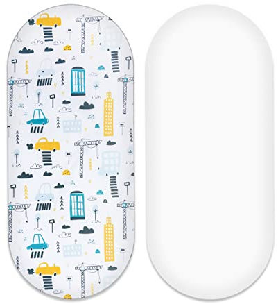 Baby Comfort Bettlaken für Babykörbe, 100 % Baumwolle, oval, für Matratzen mit Korb, Stadt + Weiß, 2 Stück