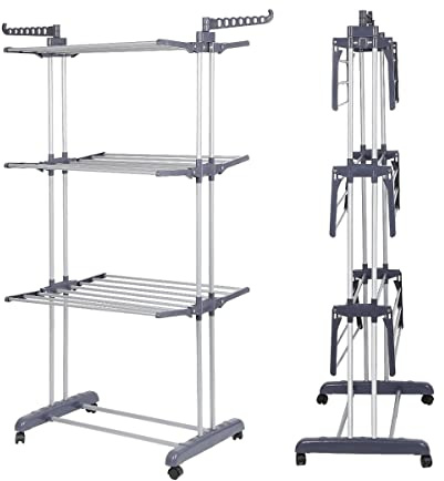 KANGXIN Etendoir à Linge Pliable 3 Niveaux, Sechoir a Vêtements sur roulettes, Sechoir à Linge avec Ailes Latérales, Etendage à Linge avec Étagère pour Chaussures (Gris-Argent, 75×49×170 cm)