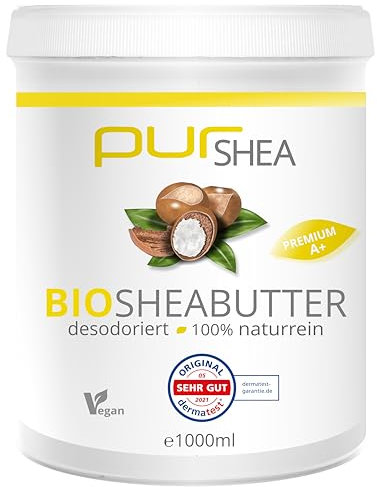 purSHEA- 1000ml Bio Sheabutter - 100% Naturbelassen Ohne Zusätze Vegan Parfümfrei- Reine Bio-Sheabutter aus Ghana -Shea Butter- Premium Qualität (A+) (desodoriert)