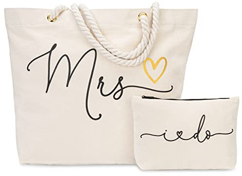 Braut-Tasche – Braut-Strandtasche große Leinwand mit Make-up-Tasche – zukünftige Fraus-Geschenke für Braut, Tragetasche – Brautparty-Geschenktüten – Verlobungsgeschenk für sie, Cream, Large