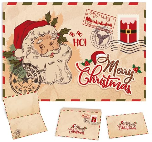 Tarjetas Navidad con Sobres Kraft – Set de 15 Tarjetas Navideñas Vintage con Papá Noel, Postales A6 para Felicitaciones y Saludos de Navidad a Familia, Niños y Amigos